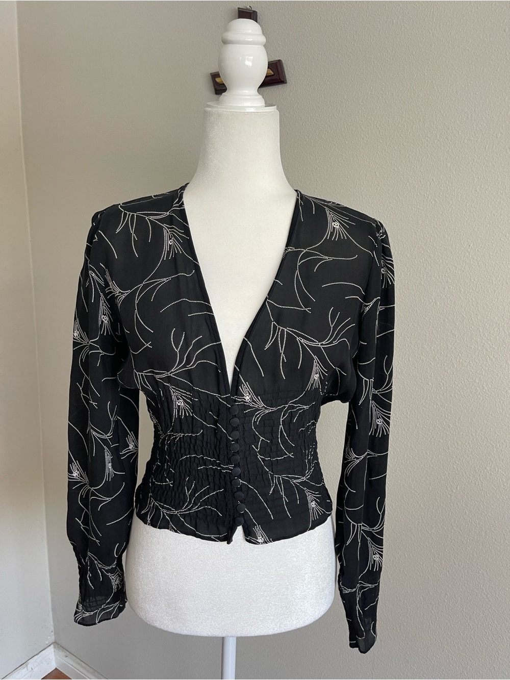 Mossimo Supply Co. 100% Silk Black Floral-Print Smocked-Waist Blouse